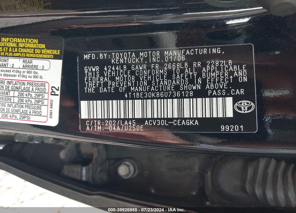 2006 TOYOTA CAMRY XLE VIN: 4T1BE30K86U736128