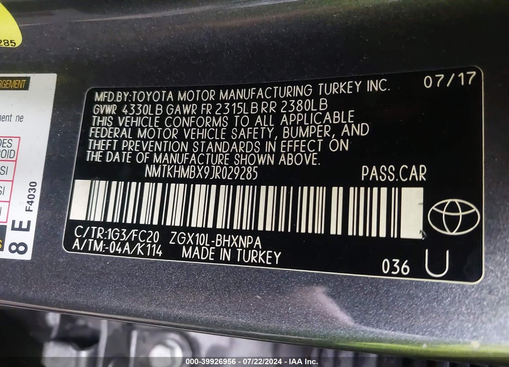 2018 TOYOTA C-HR XLE PREMIUM VIN: NMTKHMBX9JR029285