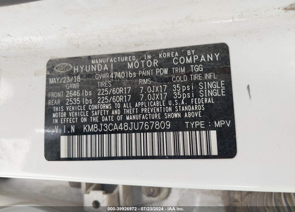 2018 HYUNDAI TUCSON SEL VIN: KM8J3CA48JU767809