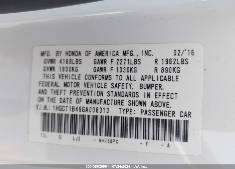 2016 HONDA ACCORD LX-S VIN: 1HGCT1B49GA008310