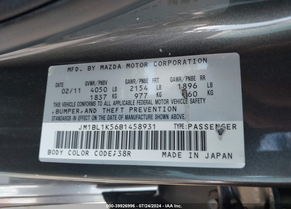 2011 MAZDA 3 S SPORT VIN: JM1BL1K56B1458931