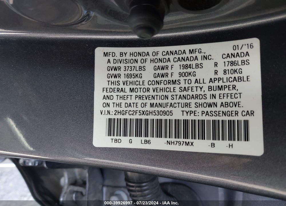 2016 HONDA CIVIC LX VIN: 2HGFC2F5XGH530905
