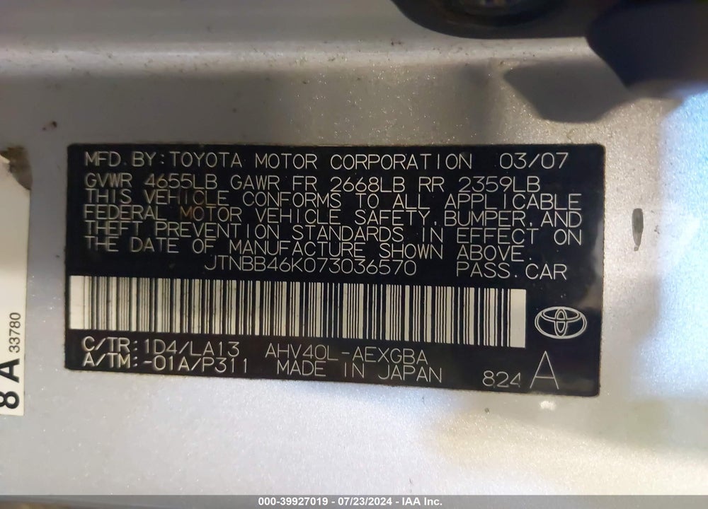 2007 TOYOTA CAMRY HYBRID VIN: JTNBB46K073036570