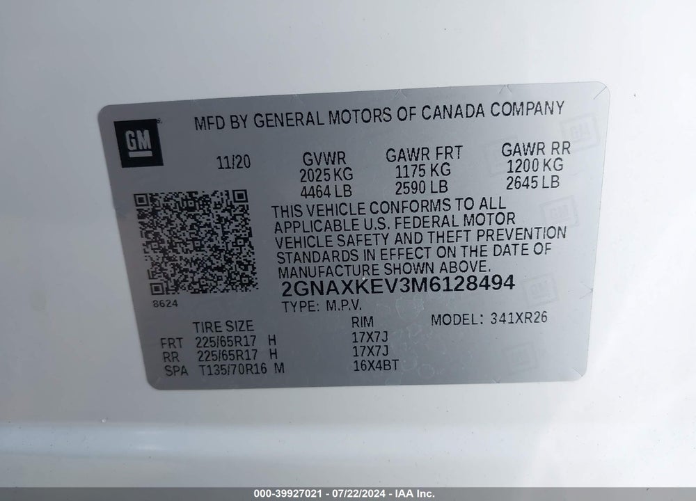 2021 CHEVROLET EQUINOX VIN: 2GNAXKEV3M6128494