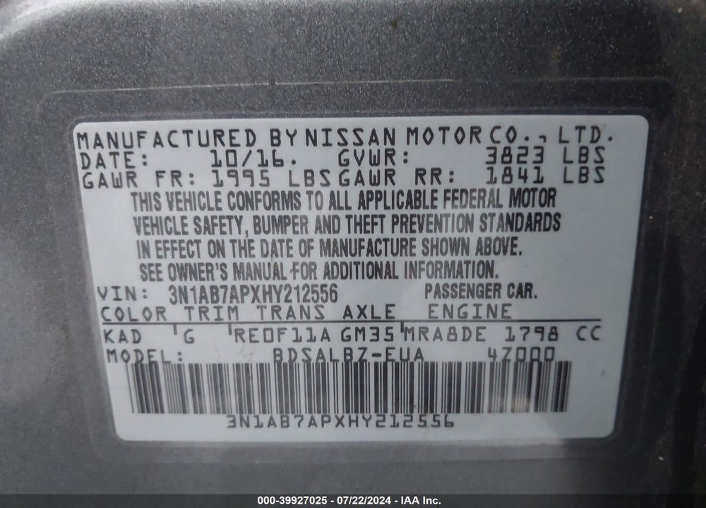 2017 NISSAN SENTRA S VIN: 3N1AB7APXHY212556