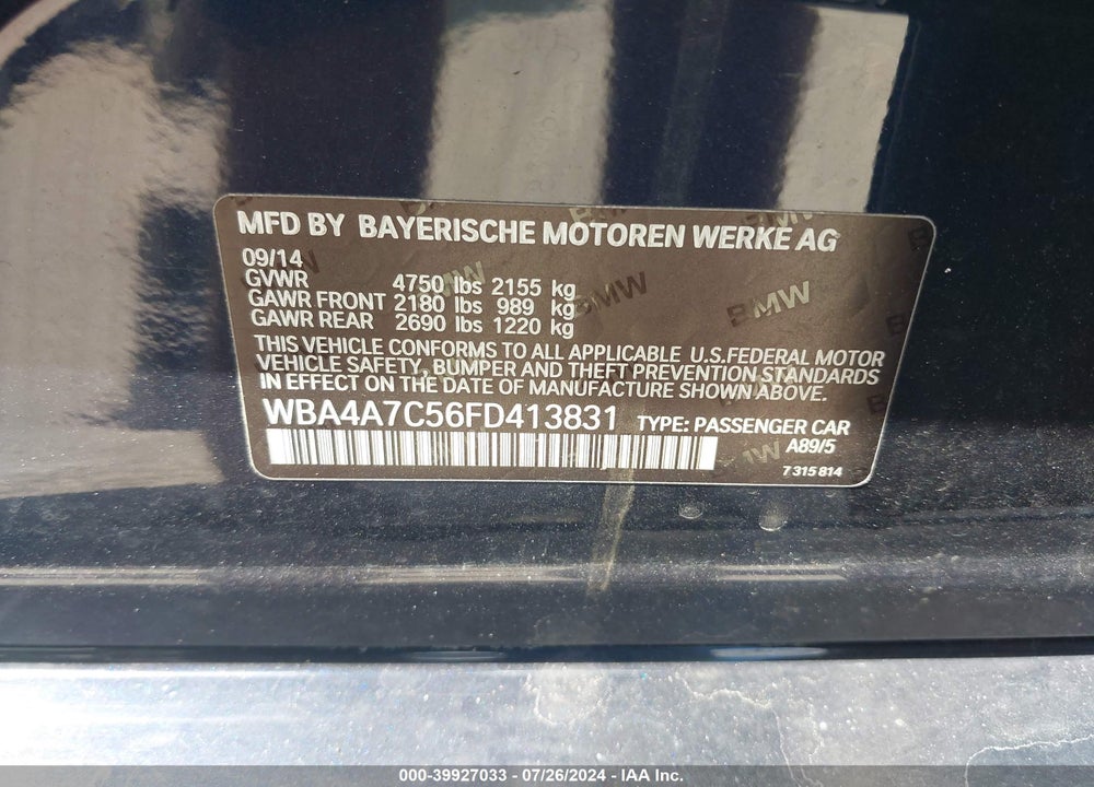 2015 BMW 428 GRAN COUPE VIN: WBA4A7C56FD413831