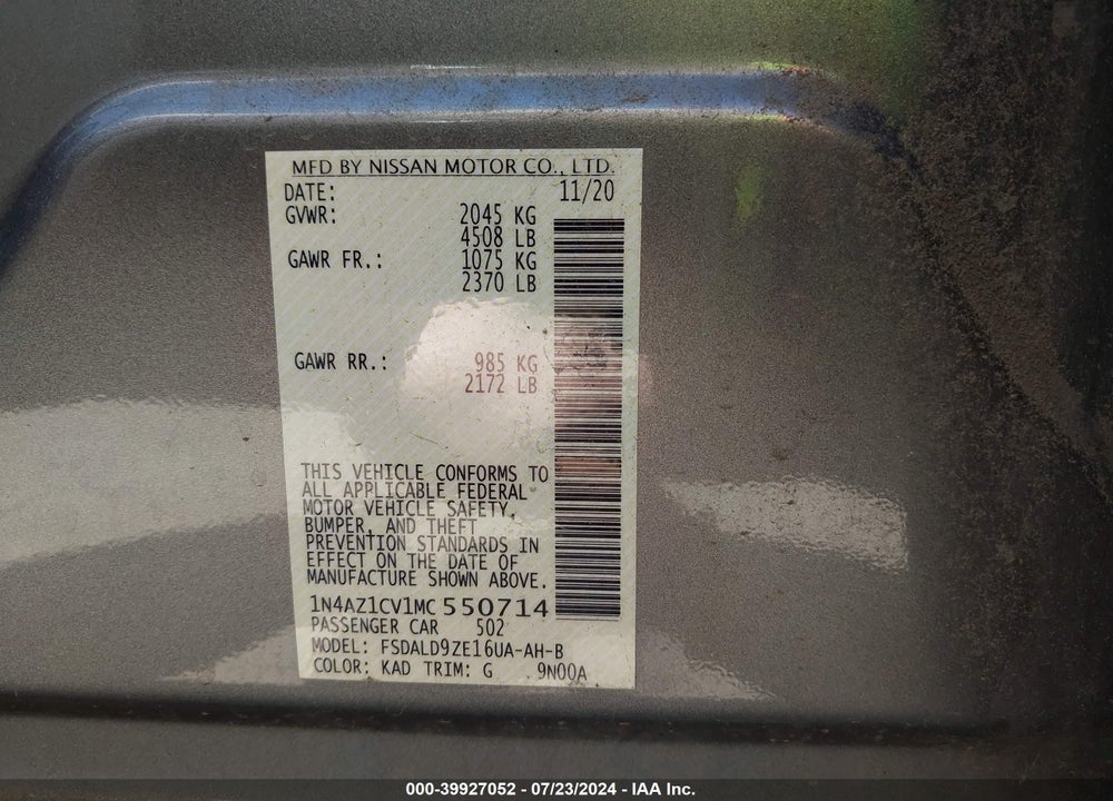 2021 NISSAN LEAF SV 40 KWH VIN: 1N4AZ1CV1MC550714