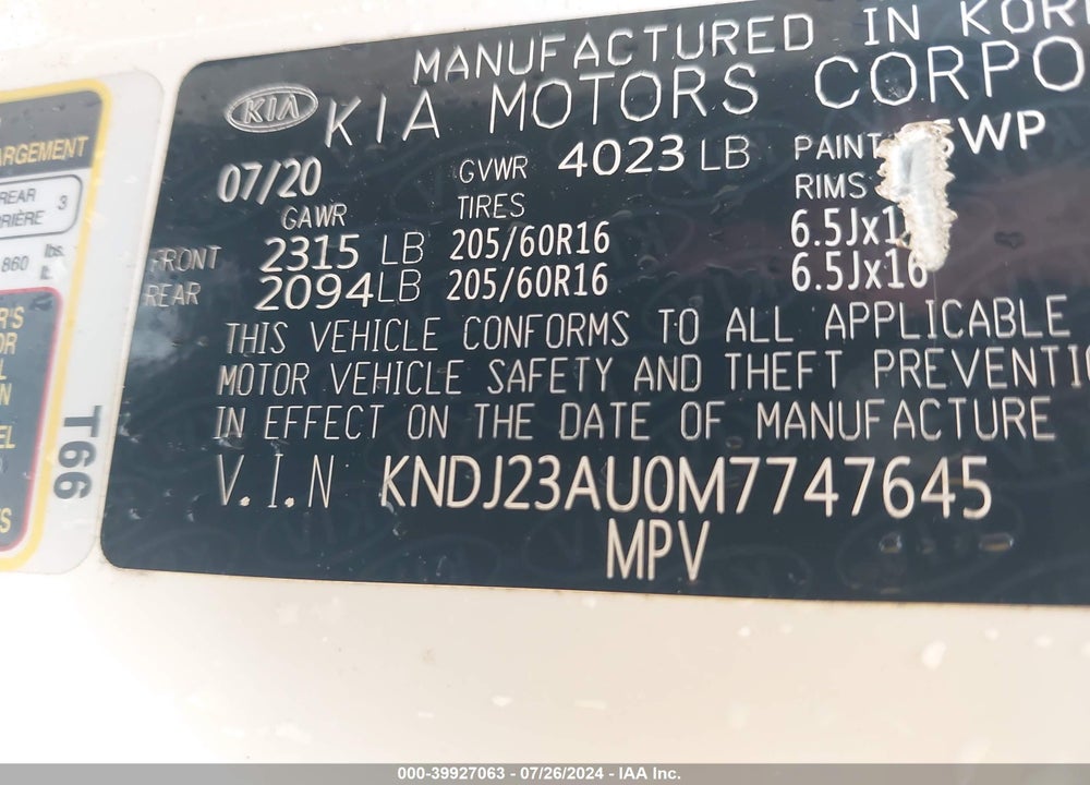 2021 KIA SOUL !/+/S VIN: KNDJ23AU0M7747645