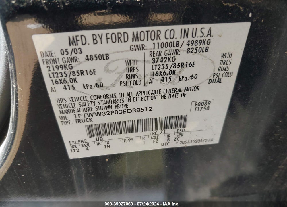 2003 FORD F 350 VIN: 1FTWW32P03ED38512