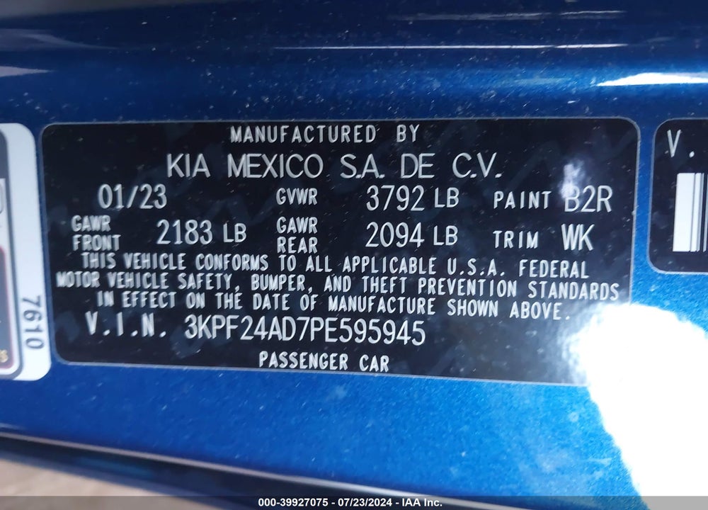 2023 KIA FORTE LXS VIN: 3KPF24AD7PE595945