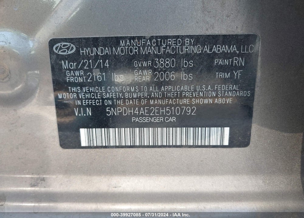 2014 HYUNDAI ELANTRA SE VIN: 5NPDH4AE2EH510792