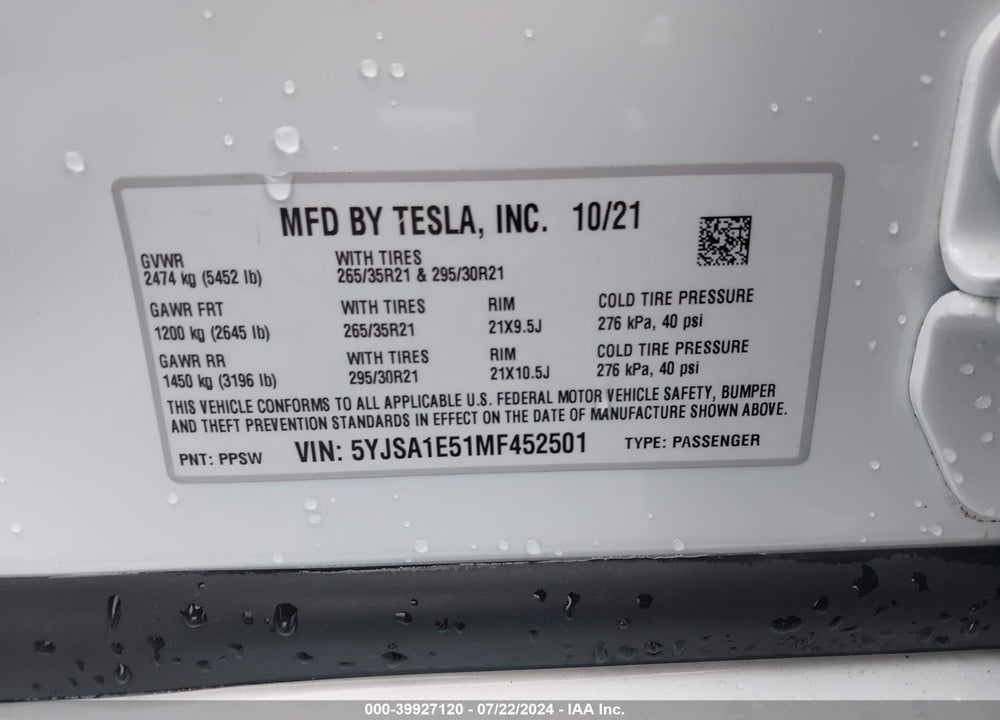 2021 TESLA MODEL S LONG RANGE DUAL MOTOR ALL-WHEEL DRIVE VIN: 5YJSA1E51MF452501