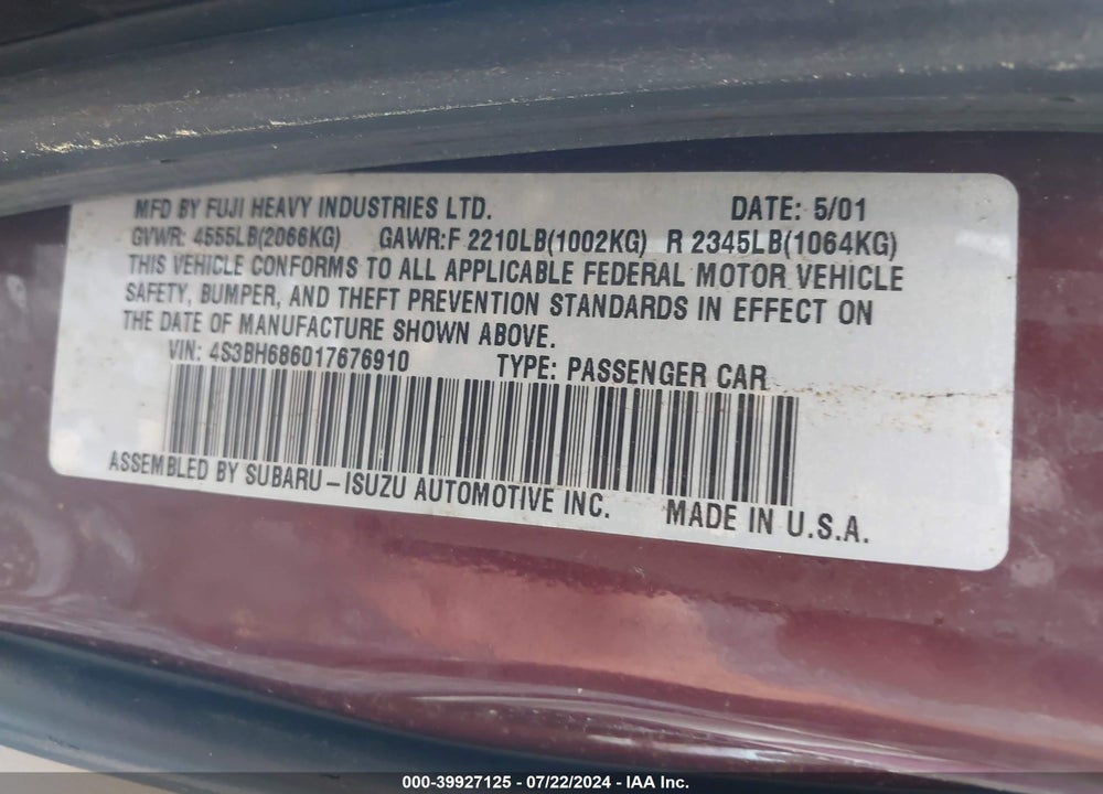 2001 SUBARU OUTBACK LIMITED VIN: 4S3BH686017676910