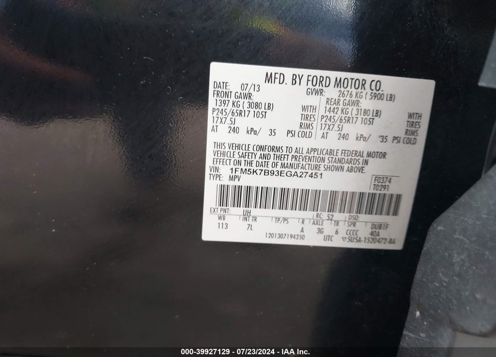 2014 FORD EXPLORER VIN: 1FM5K7B93EGA27451