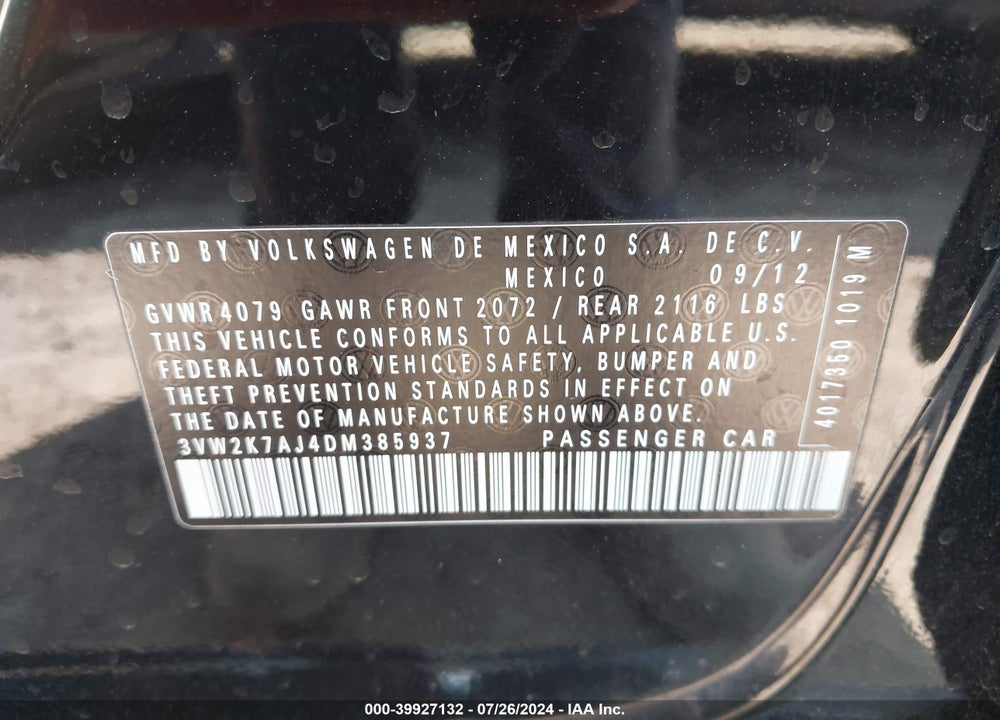 2013 VOLKSWAGEN JETTA 2.0L S VIN: 3VW2K7AJ4DM385937