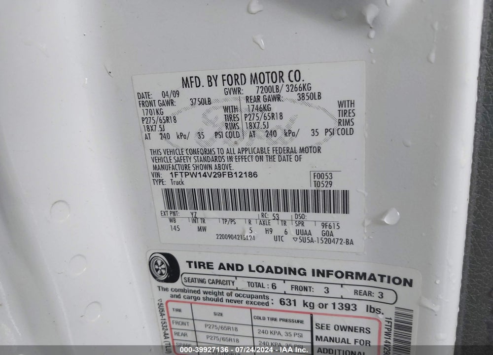 2009 FORD F-150 FX4/KING RANCH/LARIAT/PLATINUM/XL/XLT VIN: 1FTPW14V29FB12186