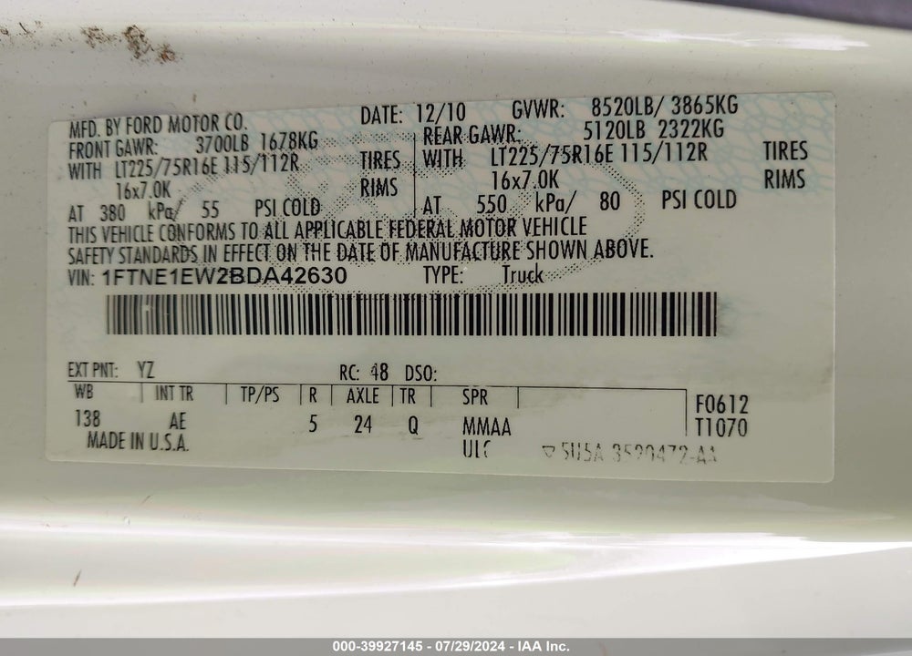 2011 FORD E-150 COMMERCIAL VIN: 1FTNE1EW2BDA42630