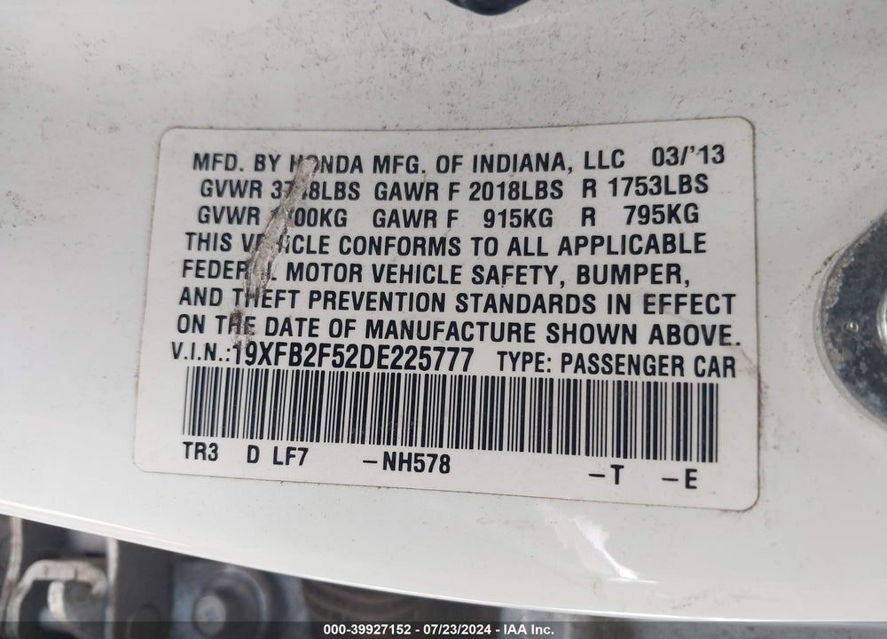 2013 HONDA CIVIC LX VIN: 19XFB2F52DE225777
