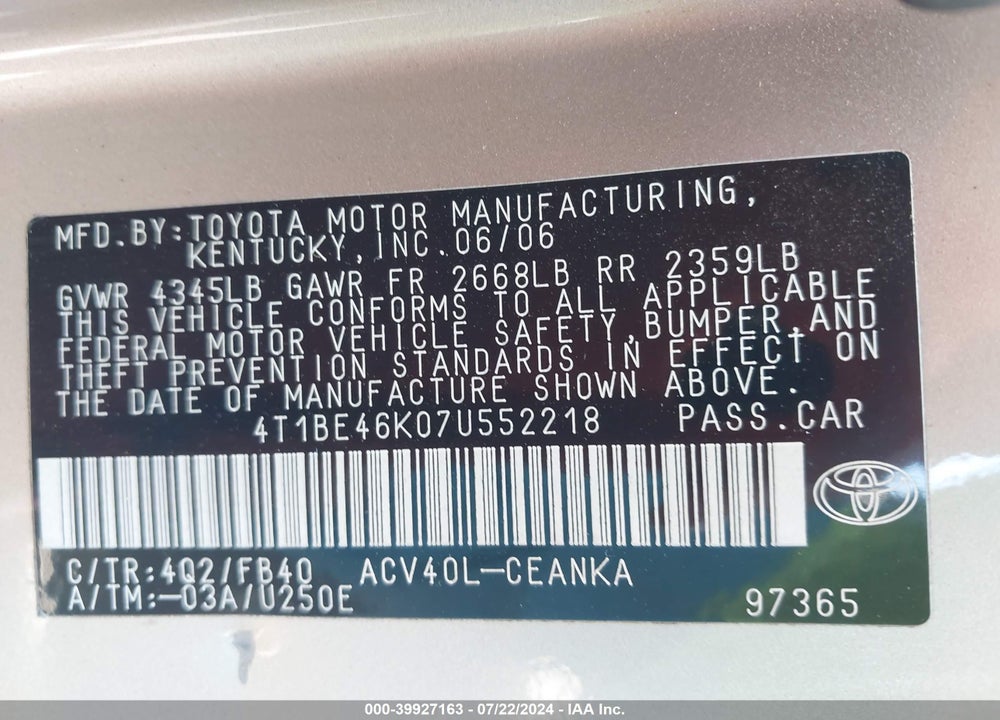 2007 TOYOTA CAMRY LE VIN: 4T1BE46K07U552218