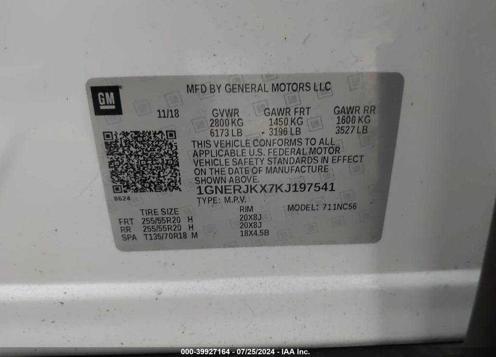 2019 CHEVROLET TRAVERSE RS VIN: 1GNERJKX7KJ197541