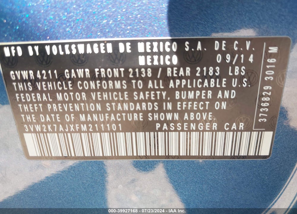 2015 VOLKSWAGEN JETTA 2.0L S VIN: 3VW2K7AJXFM211101