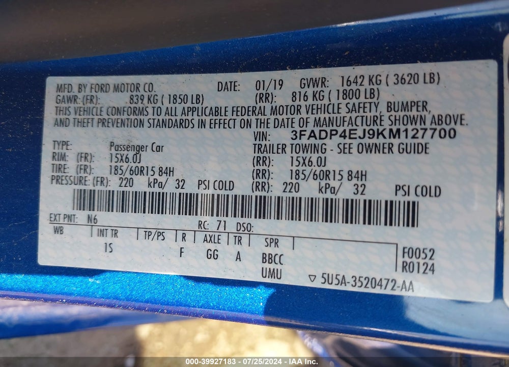 2019 FORD FIESTA SE VIN: 3FADP4EJ9KM127700