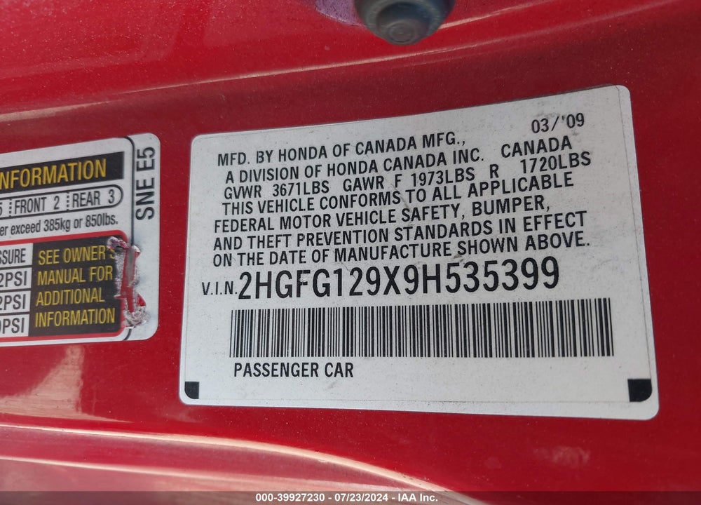 2009 HONDA CIVIC EX-L VIN: 2HGFG129X9H535399