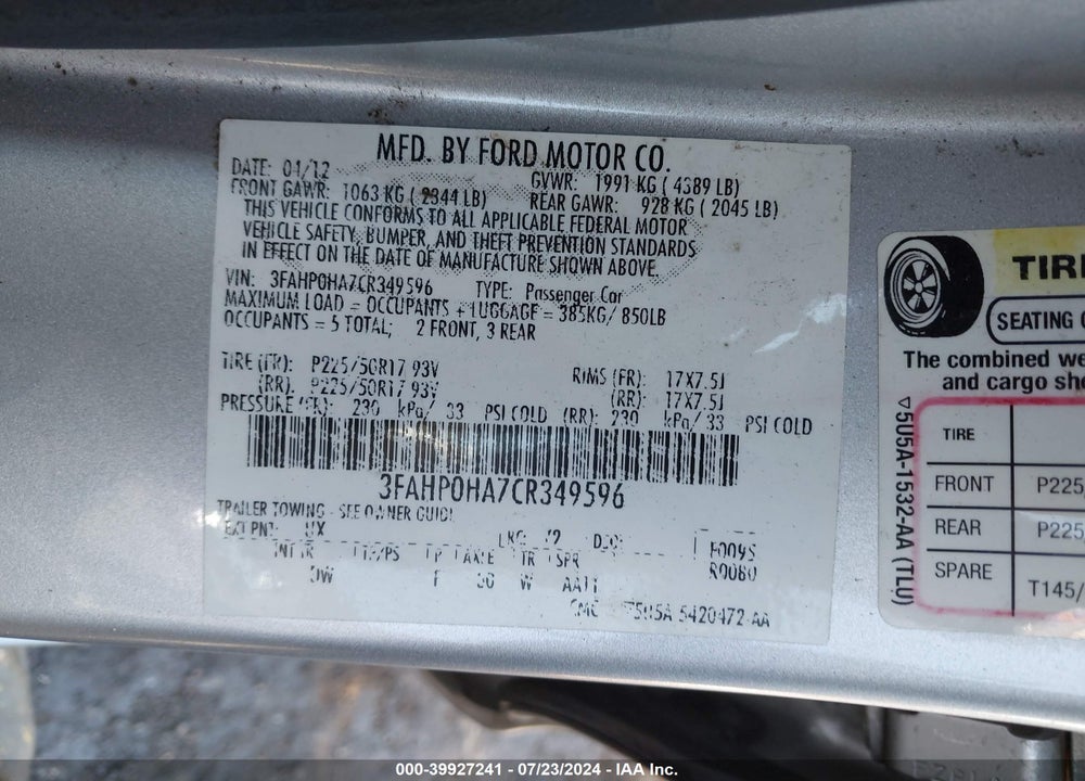 2012 FORD FUSION SE VIN: 3FAHP0HA7CR349596