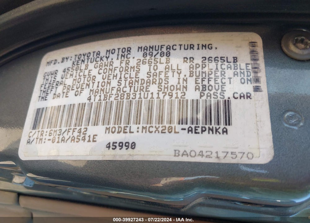 2001 TOYOTA AVALON XL VIN: 4T1BF28B31U117912