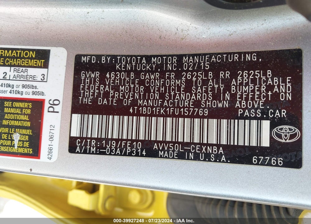 2015 TOYOTA CAMRY HYBRID LE VIN: 4T1BD1FK1FU157769