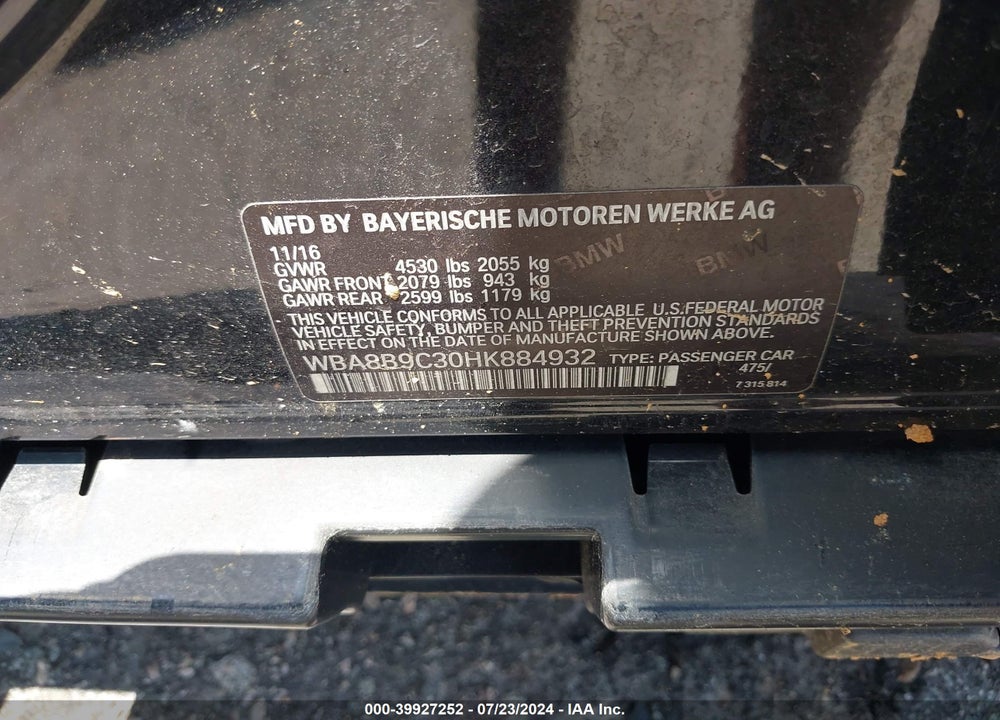 2017 BMW 330I VIN: WBA8B9C30HK884932