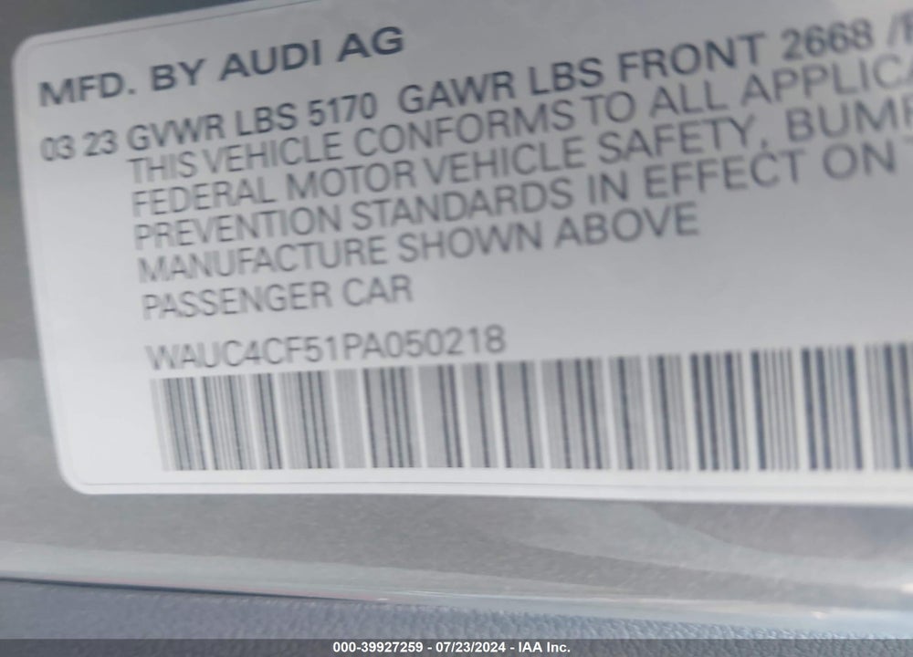 2023 AUDI S5 SPORTBACK PREMIUM PLUS TFSI QUATTRO TIPTRONIC VIN: WAUC4CF51PA050218