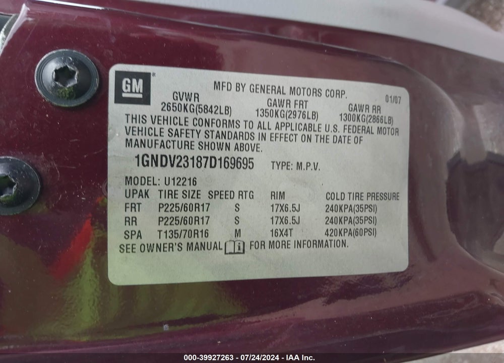 2007 CHEVROLET UPLANDER LS VIN: 1GNDV23187D169695