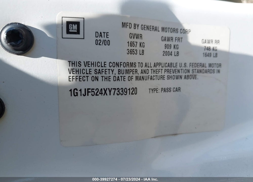 2000 CHEVROLET CAVALIER LS VIN: 1G1JF524XY7339120