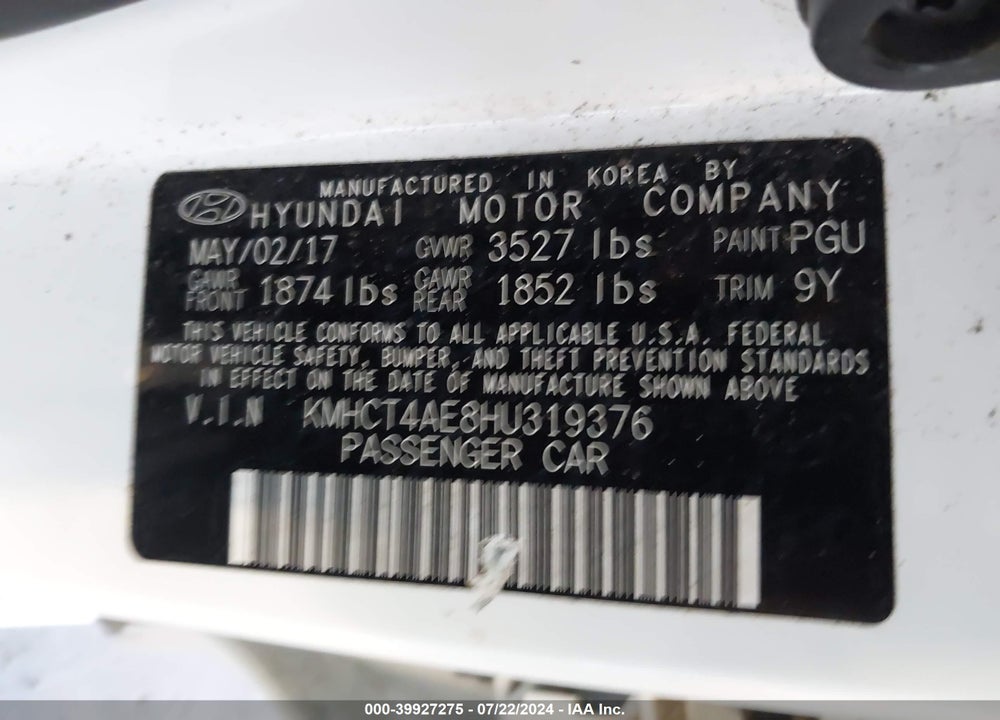2017 HYUNDAI ACCENT SE VIN: KMHCT4AE8HU319376