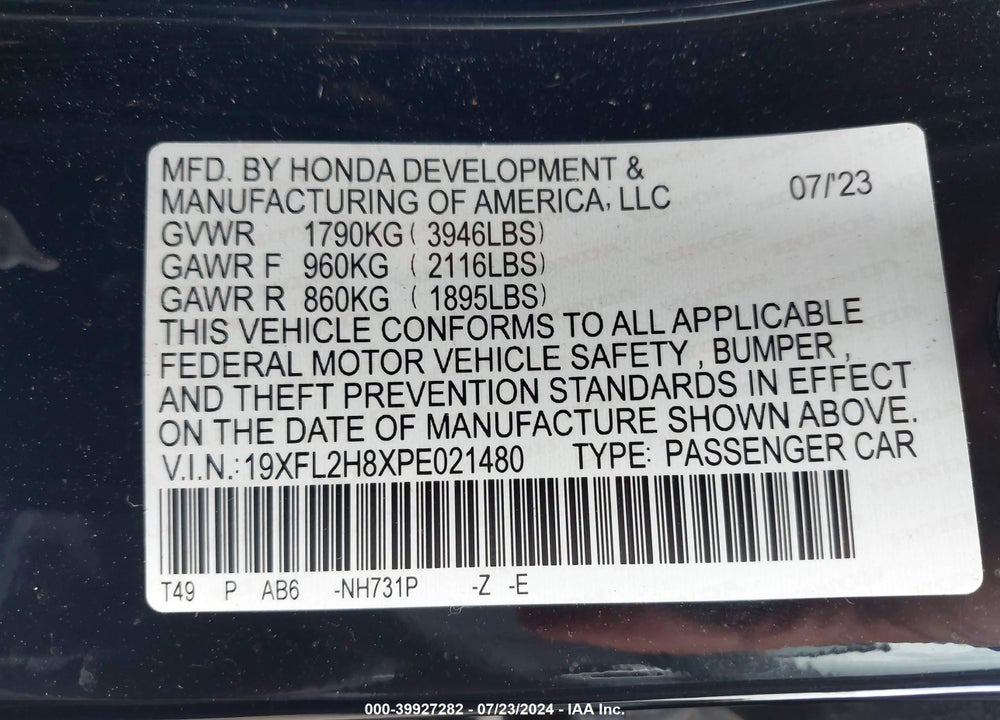 2023 HONDA CIVIC SPORT VIN: 19XFL2H8XPE021480