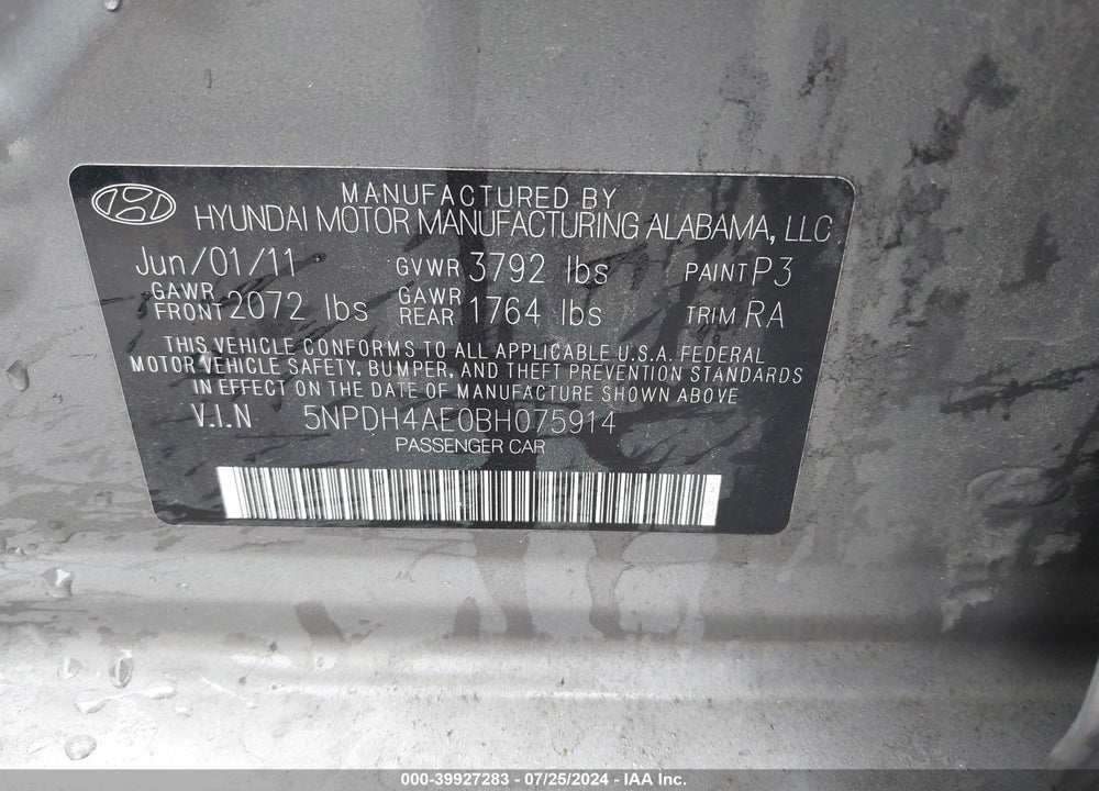 2011 HYUNDAI ELANTRA LIMITED VIN: 5NPDH4AE0BH075914