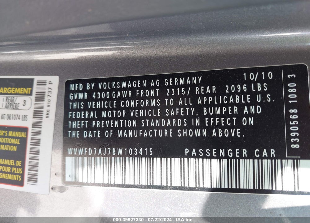 2011 VOLKSWAGEN GTI 2-DOOR VIN: WVWFD7AJ7BW103415