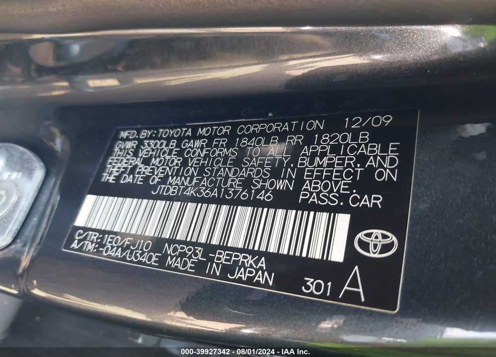 2010 TOYOTA YARIS VIN: JTDBT4K36A1376146