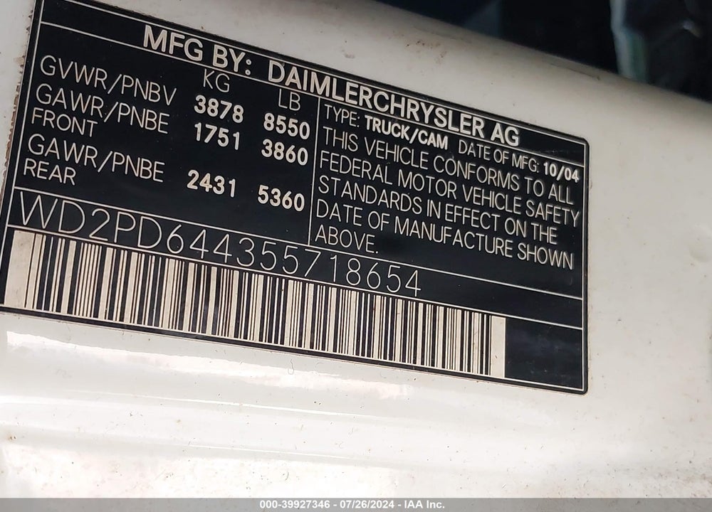 2005 SPRINTER 2500 VIN: WD2PD644355718654