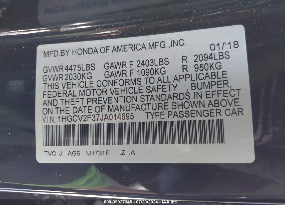 2018 HONDA ACCORD SPORT 2.0T VIN: 1HGCV2F37JA014695