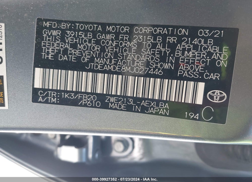 2021 TOYOTA COROLLA HYBRID LE VIN: JTDEAMDE8MJ027446
