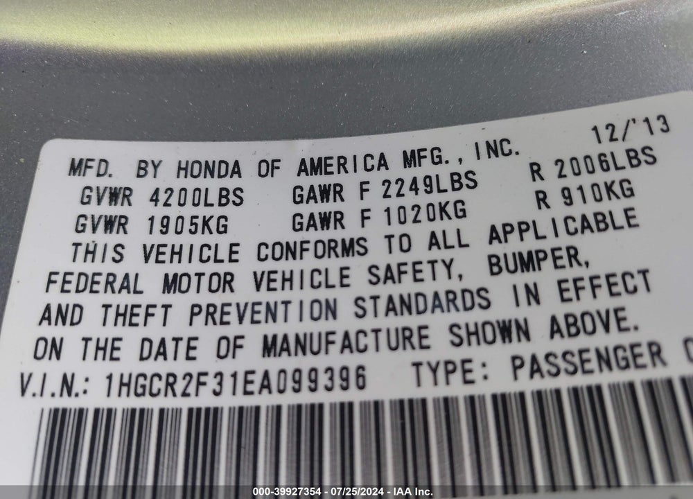 2014 HONDA ACCORD LX VIN: 1HGCR2F31EA099396