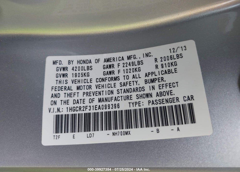 2014 HONDA ACCORD LX VIN: 1HGCR2F31EA099396