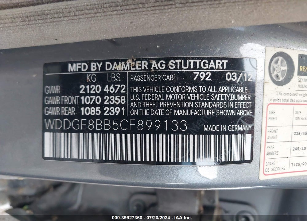 2012 MERCEDES-BENZ C 300 LUXURY 4MATIC/SPORT 4MATIC VIN: WDDGF8BB5CF899133