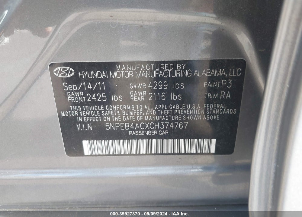 2012 HYUNDAI SONATA GLS VIN: 5NPEB4ACXCH374767