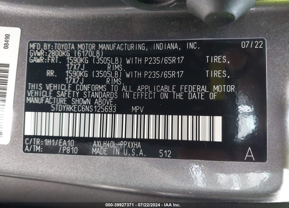 2022 TOYOTA SIENNA XLE VIN: 5TDYRKEC6NS125693