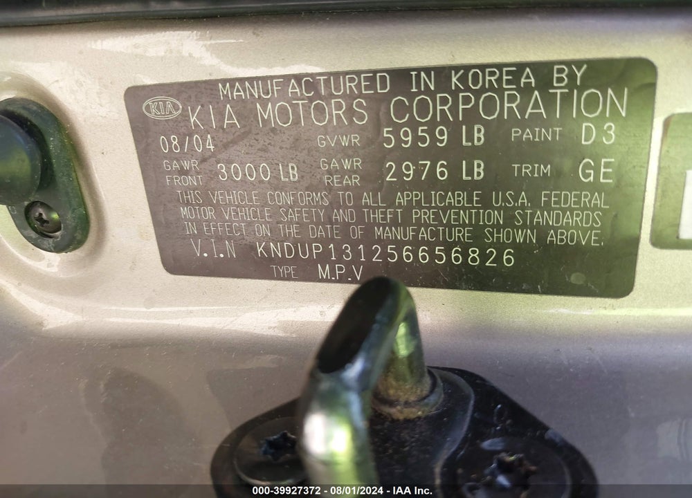 2005 KIA SEDONA EX/LX VIN: KNDUP131256656826