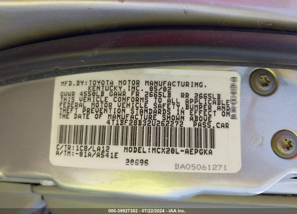 2002 TOYOTA AVALON XLS VIN: 4T1BF28B32U262272