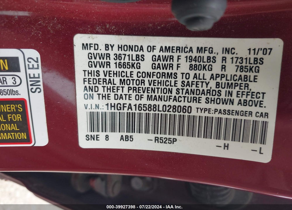 2008 HONDA CIVIC LX VIN: 1HGFA16588L028060